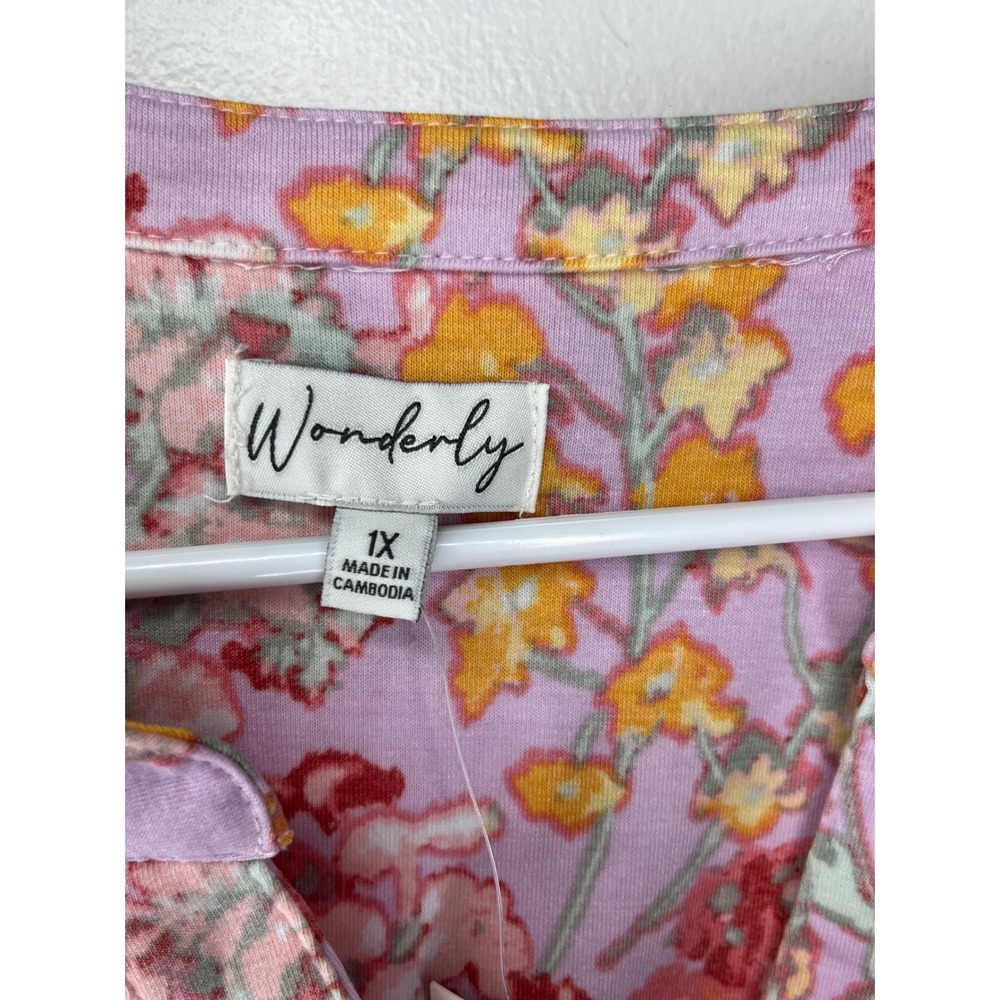 Wonderly Plus Size 1X Floral Print Purple Pink Yellow Long Sleeve Tunic‎ Top nwt - Picture 4 of 4